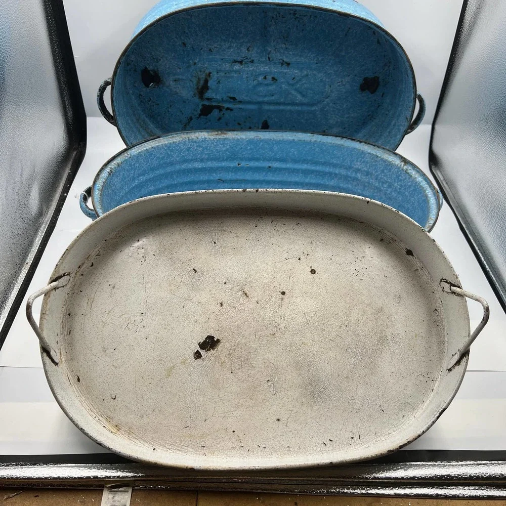 Antique Turquoise Cornflower Blue Large Roaster Rack Enamelware On Steel 4 Piece